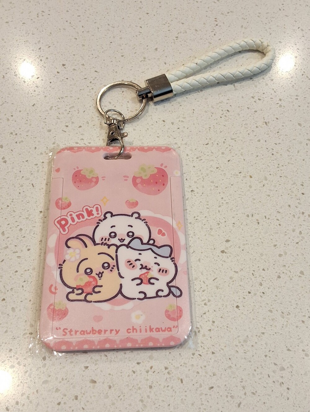 Chiikawa Strawberry Pink ID Badge Holder Card Holder Keychain Wrist Strap, NEW